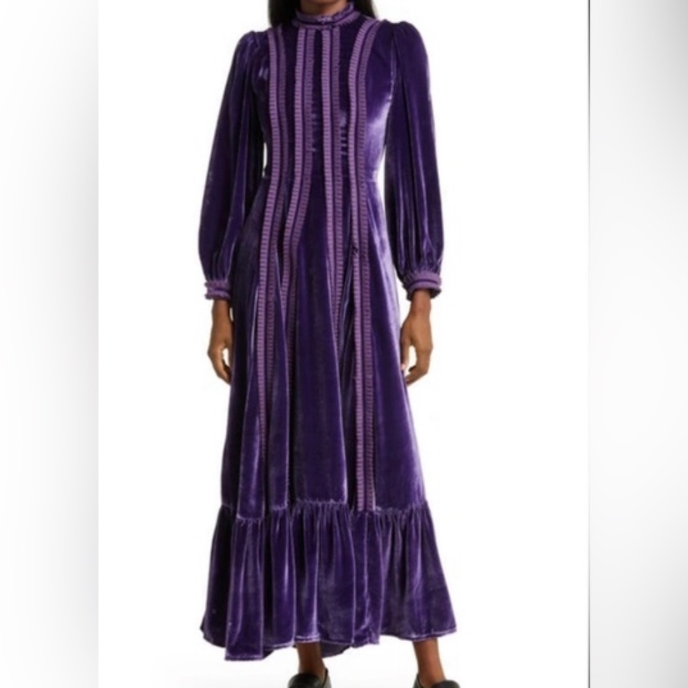 LISOU Gig Ruffle Long Sleeve violet purple Velvet Dress 6 NWT